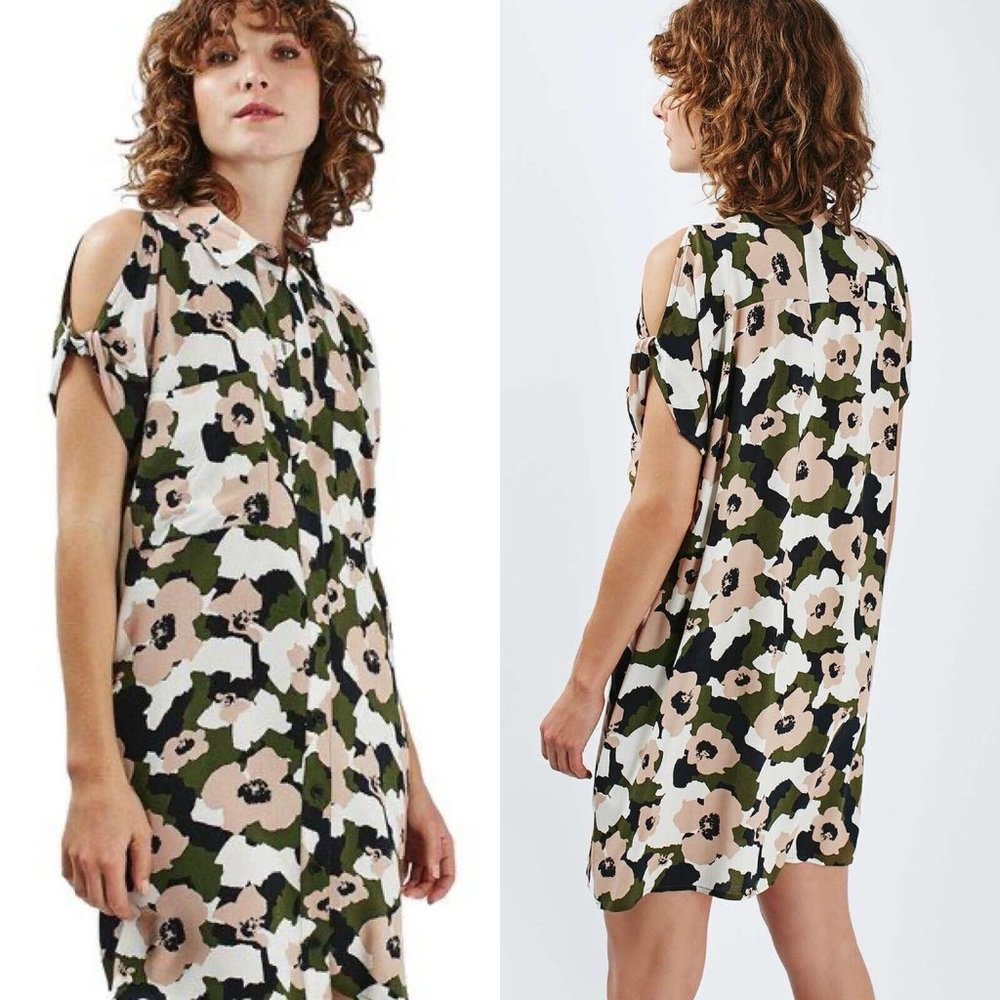 TOPSHOP Pink & Green Floral Camo Twisted Open Shoulder Shirt Dress | Size S